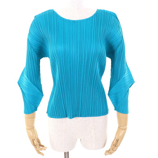 極美品△PLEATS PLEASE プリーツプリーズ イッセイミヤケ PP51-JK203 デザインスリーブ クルーネック 八分袖 カットソー トップス ブルー系 3 日本製 正規品 レディース【中古】