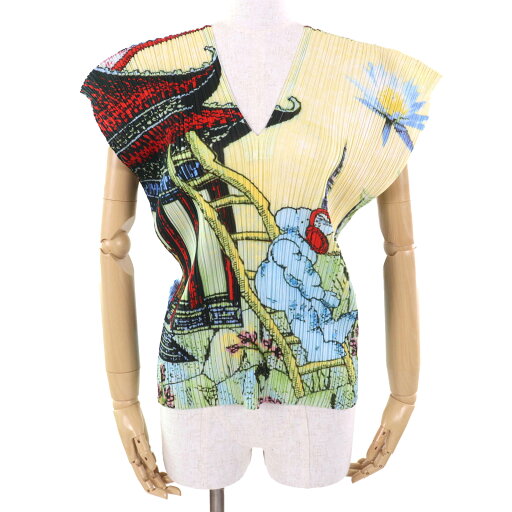 極美品△PLEATS PLEASE プリーツプリーズ イッセイミヤケ PP41-JK733 蓮 大仏 中国 電車 希少 Vネック ノースリーブ カットソー トップス マルチカラー 4 日本製 正規品 レディース【中古】