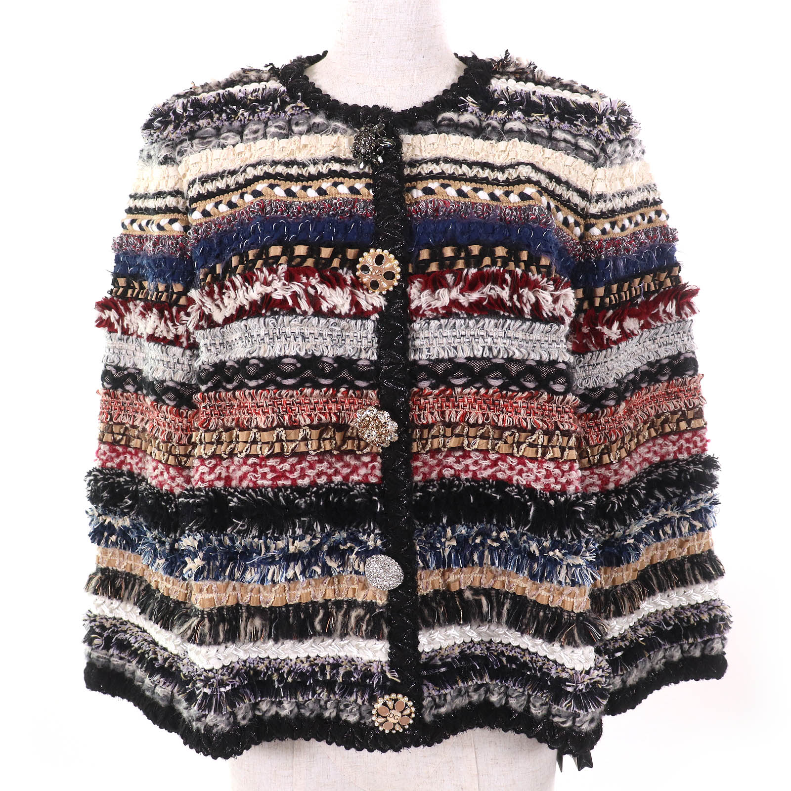 未使用品△DOLCE&GABBANA ドルチェ＆ガッバーナ F26AIZ 黒タグ ビジューボタン リボンツイード ノーカラージャケット ブラック マルチカラー 38 イタリア製 正規品 レディース【中古】