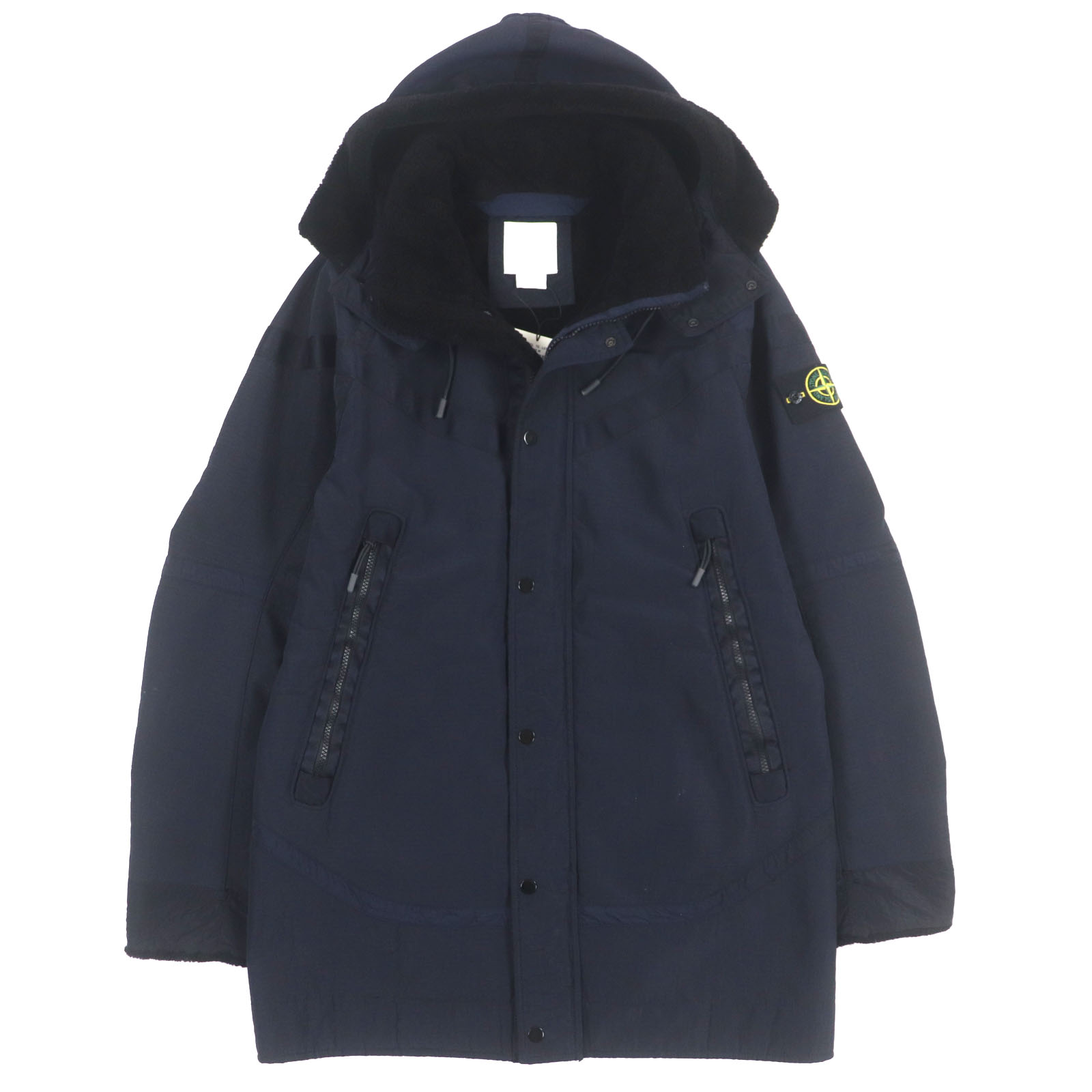 未使用品▼STONE ISLAND NIKE Lab ストーンアイランド ナイキラボ 16AW 6525401N1 JACQUARD GRID ON WOOL FUR JACKET ロゴワッペン・フード付き 裏ボア ダブルジップアップ ジャケット ネイビー M 正規品 メンズ【中古】