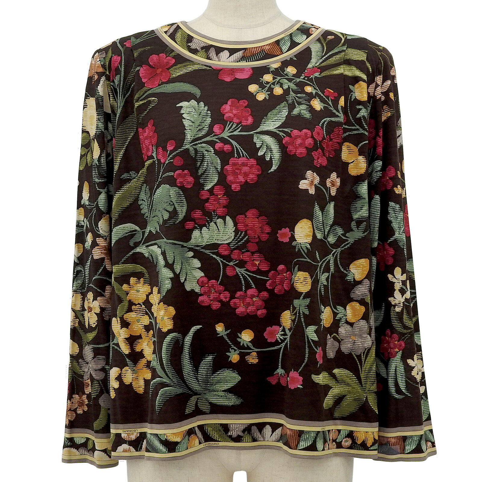 極美品▲LEONARD FASHION レオナール ファッション ウール シルク混 花柄 長袖 カットソー ブラウン マルチ LL 日本製 正規品 レディース【中古】
