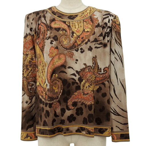 極美品▲LEONARD FASHION レオナール ファッション ウール シルク混 ペイズリー柄 長袖 カットソー トップス ブラウン L 日本製 正規品 レディース【中古】