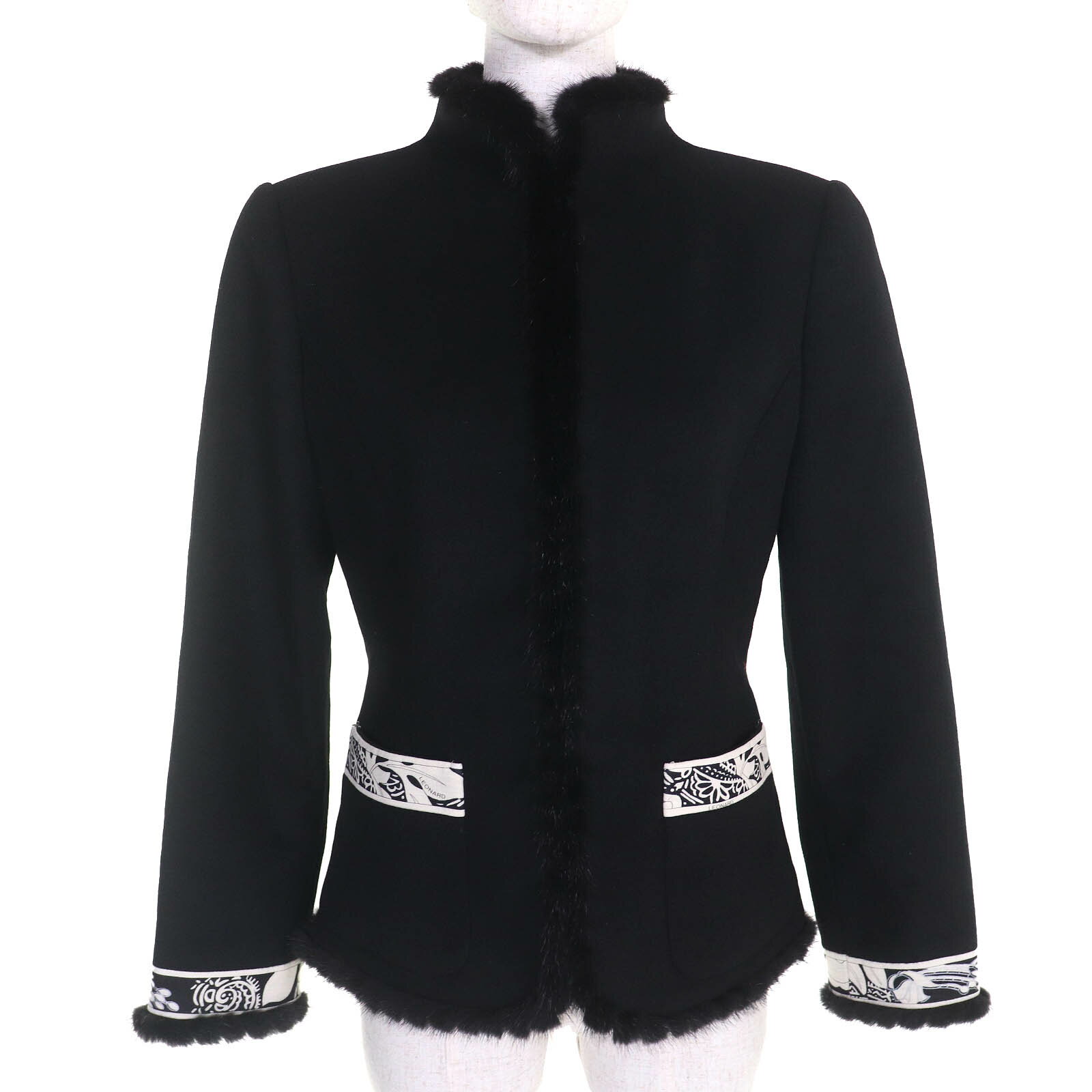 極美品△LEONARD FASHION レオナール ファッション カシミヤ100％ ミンクファートリミング 一部総柄 ジャケット ブラック 9AR 正規品 レディース【中古】
