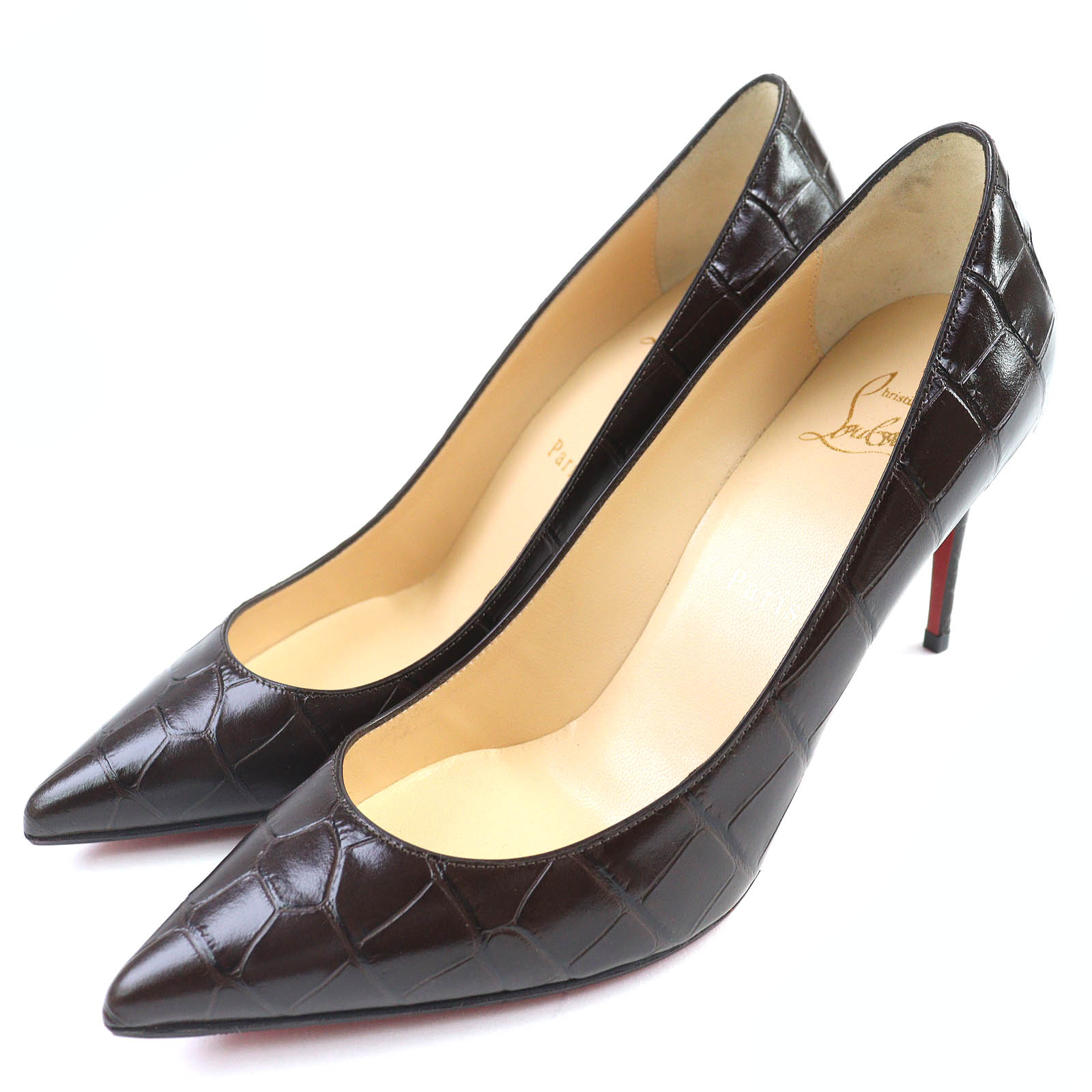 極美品△Christian Louboutin クリスチャンルブタン 3200067 KATE 85 クロコ型押しレザー ポインテッドトゥ パンプス ダークブラウン 37 イタリア製 レディース【中古】