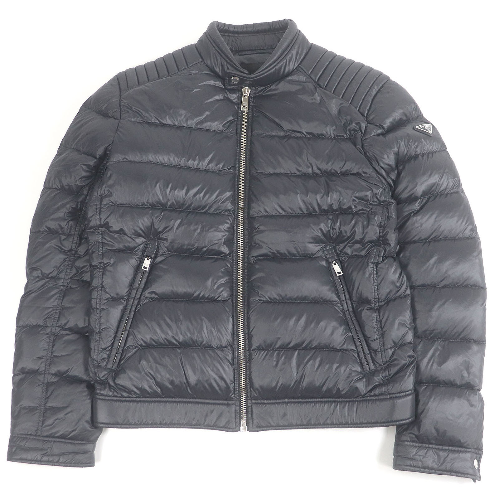 美品□PRADA プラダ SGB608 トライアングルロゴ 三角プレート スタンドカラー ダウンジャケット ブルゾン ブラック 50 正規品 メンズ【中古】