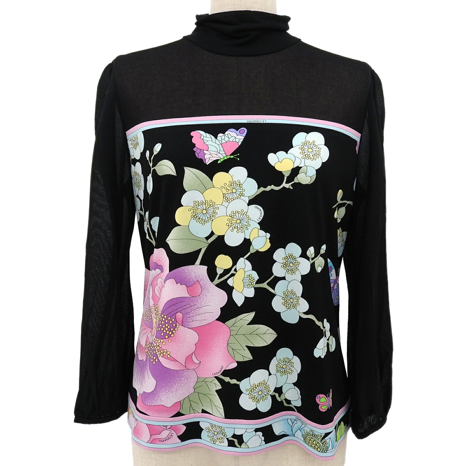 美品▲LEONARD FASHION レオナール ファッション ハイネック ブラウス カットソー ブラック マルチ L 日本製 正規品 レディース【中古】