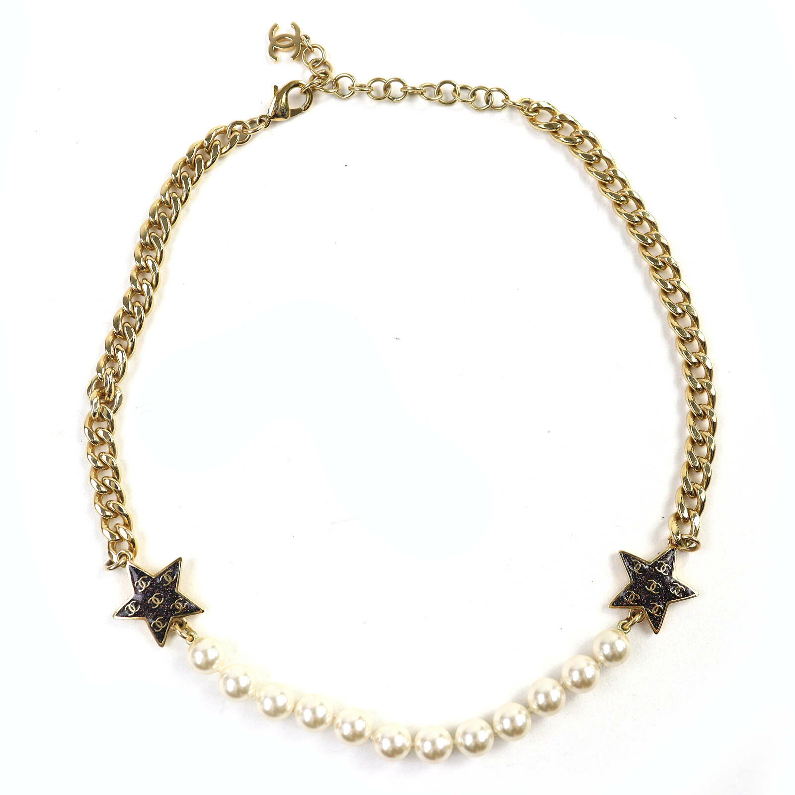 美品△CHANEL シャネル C24C ココマーク スター 星 ラメ パール チョーカー ネックレス アクセサリー ゴールド ホワイト イタリア製 レディース【中古】