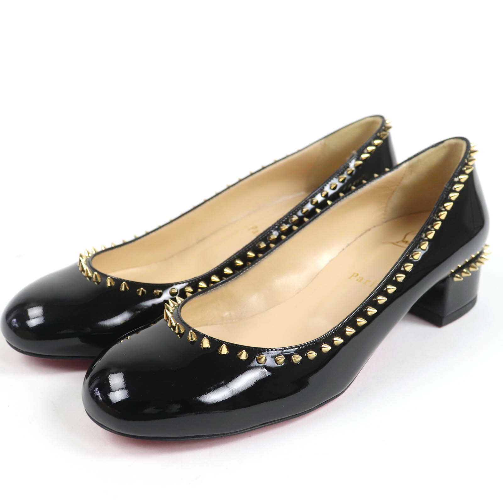 極美品☆Christian Louboutin クリスチャンルブタン TRELILIANE30 パテントレザー スパイクスタッズ パンプス ブラック 38 箱付き イタリア製 レディース【中古】