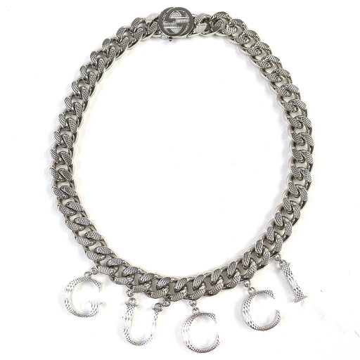 美品△GUCCI グッチ 675769 スクリプトロゴ チョーカー インターロッキングG ネックレス アクセサリー 現行品 シルバー イタリア製 レディース【中古】