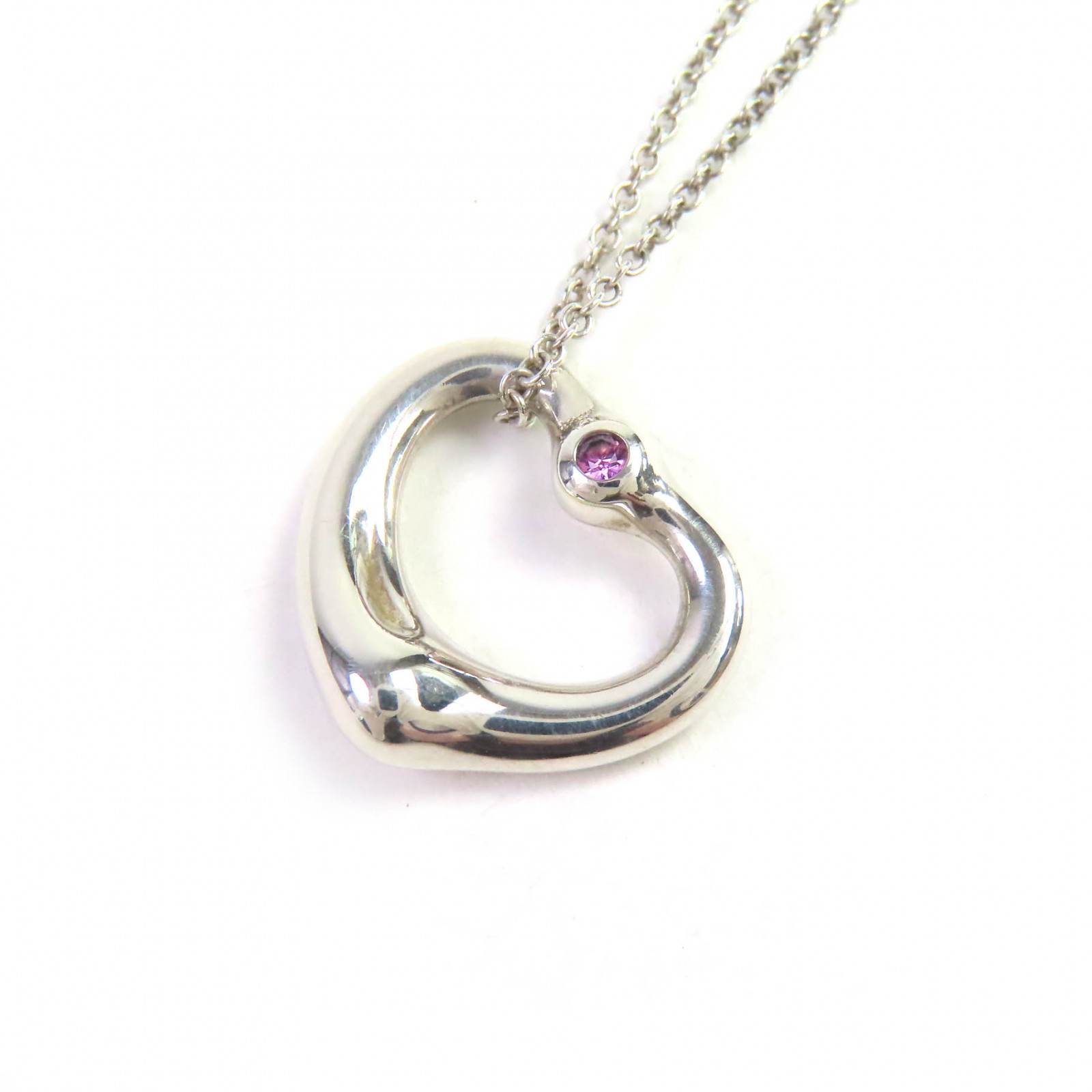 美品△TIFFANY&Co. ティファニー エルサペレッティ オープン ハート ペンダント SV925 1Pピンクサファイア ネックレス シルバー スペイン製 重量3.6g レディース【中古】