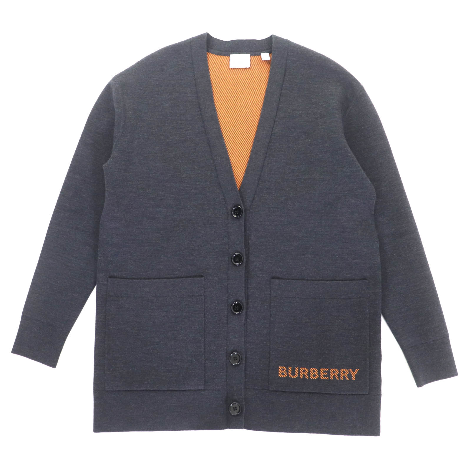 極美品★BURBERRY バーバリー 8034440 ウール混 ティッシ期 ロゴ入り Vネック カーディガン トップス グレー S 正規品 メンズ【中古】