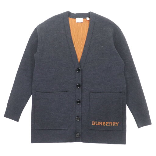極美品★BURBERRY バーバリー 8034440 ウール混 ティッシ期 ロゴ入り Vネック カーディガン トップス グレー S 正規品 メンズ【中古】