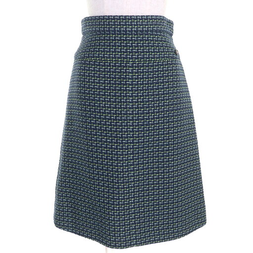 極美品△CHANEL シャネル P55951V38257 ライオン・ココボタン コットン ツイード スカート ネイビー グリーン系 36 フランス製 正規品 レディース【中古】