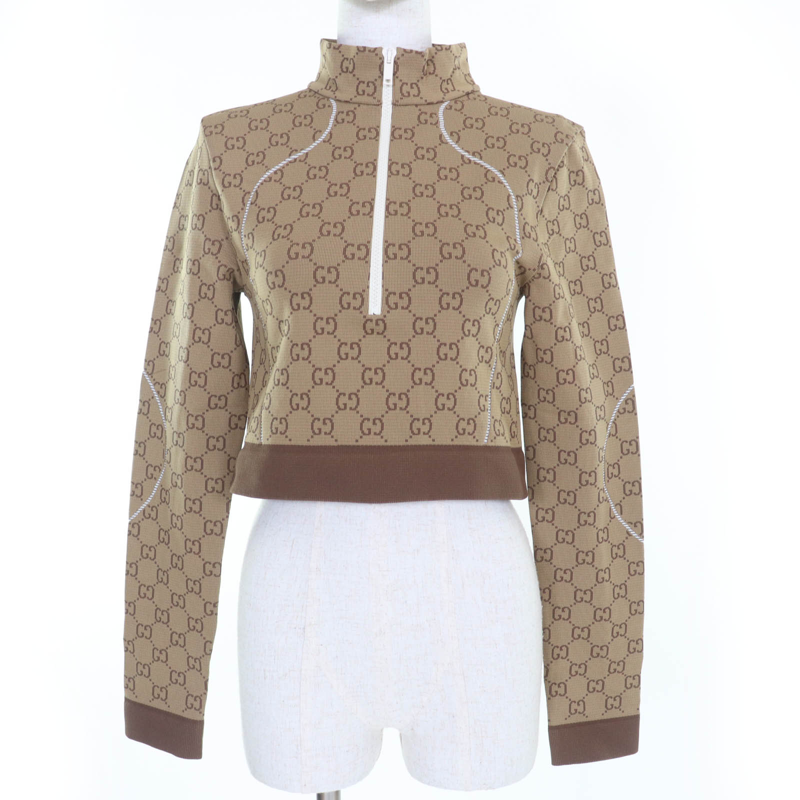 未使用品☆GUCCI グッチ 23SS 715524 GG柄 クロップド丈 フロントZIP 長袖 トップス ブラウン M イタリア製 正規品 レディース【中古】