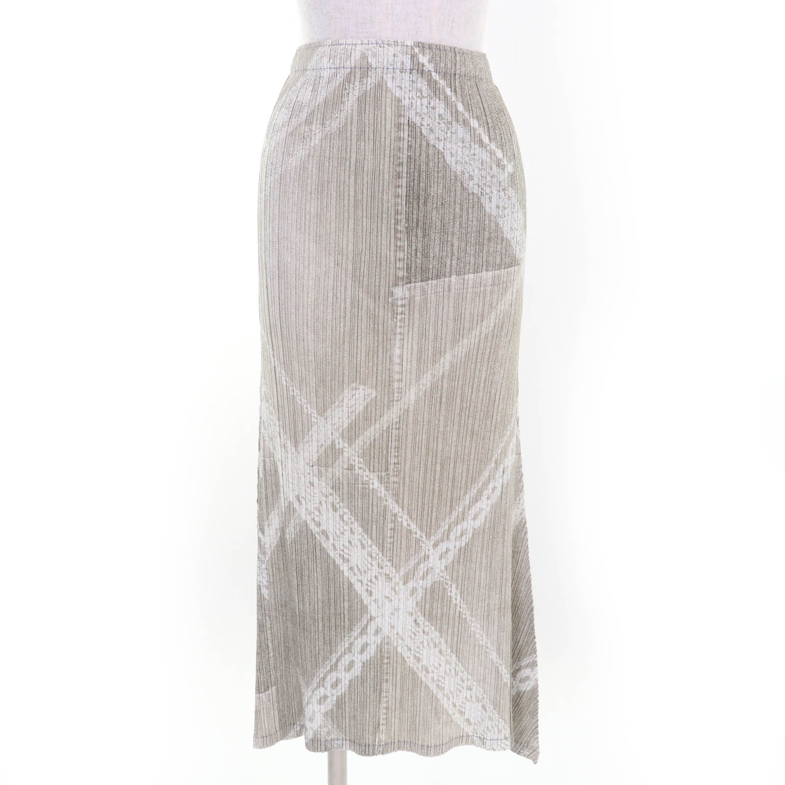 極美品☆PLEATS PLEASE プリーツプリーズ イッセイミヤケ PP61-JG605 転写プリント ロングスカート ベージュ 3 日本製 正規品 レディース【中古】