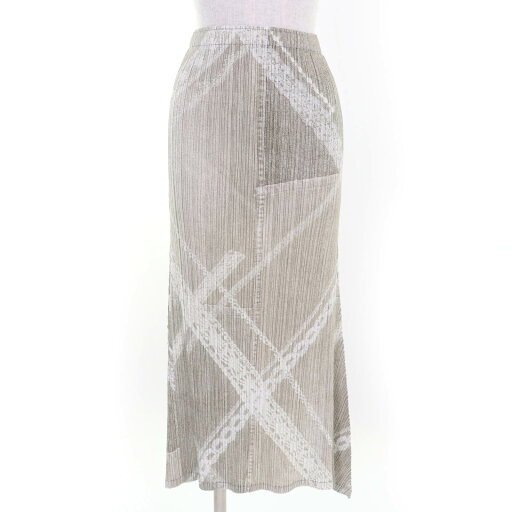 極美品☆PLEATS PLEASE プリーツプリーズ イッセイミヤケ PP61-JG605 転写プリント ロングスカート ベージュ 3 日本製 正規品 レディース【中古】