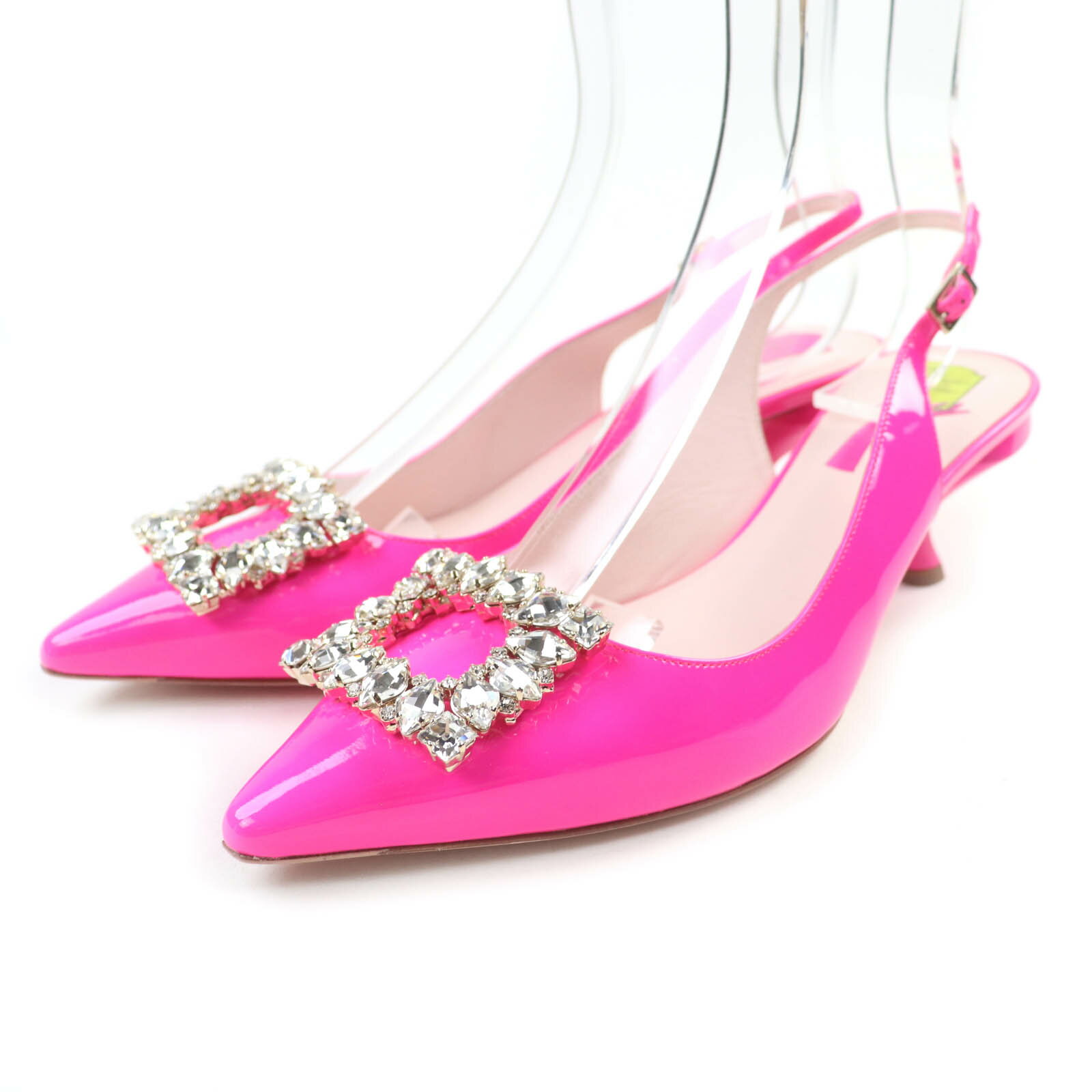 未使用品★ROGER VIVIER ロジェヴィヴィエ ヴィルギュル ストラスバックル バックストラップ ポインテッドトゥ パテントレザー パンプス ピンク 38 イタリア製 レディース【中古】