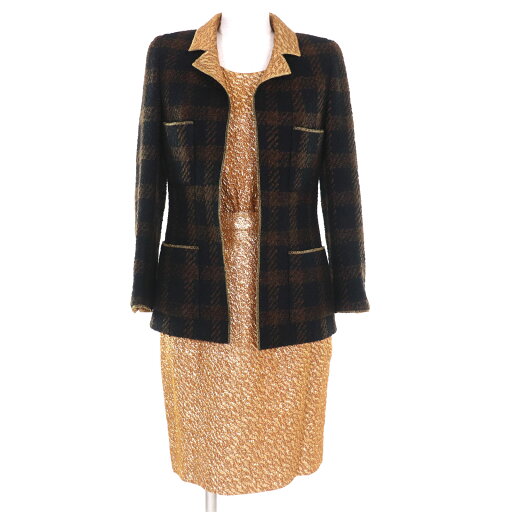 極美品◇CHANEL BOUTIQUE シャネルブティック ヴィンテージ 96A P08499/P08497 グリポアボタン 3Pスーツ セットアップ ブラウン ゴールド ジャケット36/インナー・スカート38 フランス製 レディース【中古】