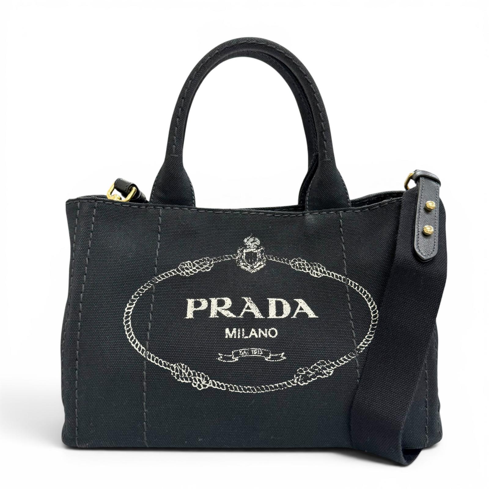 美品△PRADA プラダ 1BG439 カナパ キャンバス レザー トライアングルロゴ 2WAY ショルダー トートバッグ ブラック ゴールド金具 レディース 保存袋付き 【中古】
