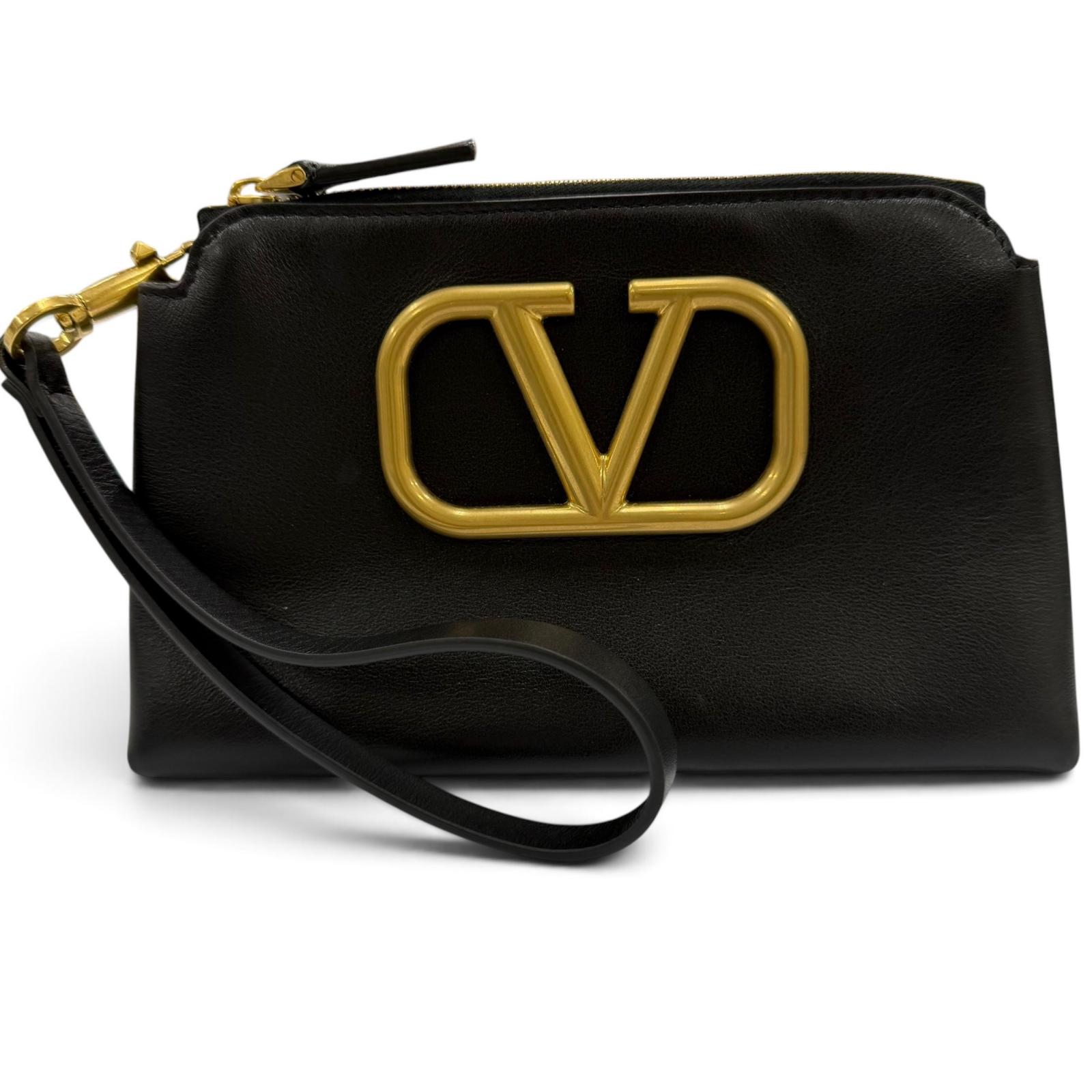 極美品☆VALENTINO ヴァレンティノ XW2P0X38ZXL Vロゴ レザー ZIP UP 化粧ポーチ ブラック ゴールド金具 イタリア製 レディース 【中古】