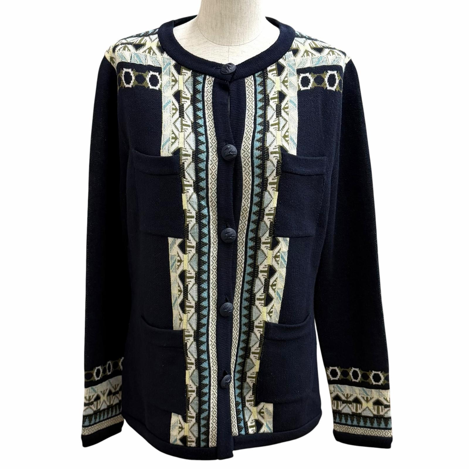 未使用品★ETRO エトロ 23SS シルク100% ロゴボタン クルーネック ニットカーディガン ネイビー 44 イタリア製 正規品 レディース 【中古】