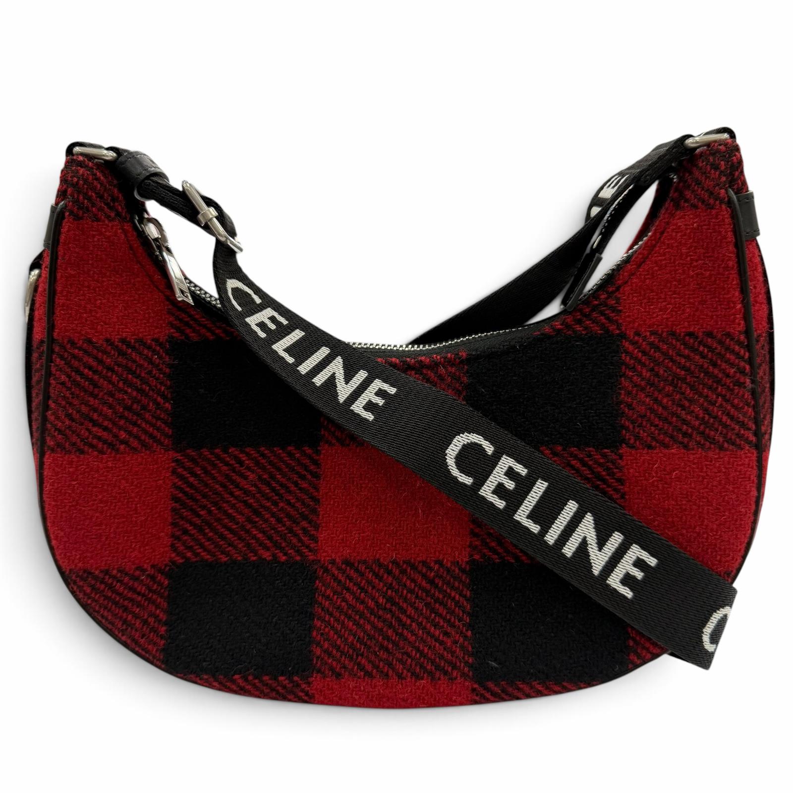 極美品☆CELINE セリーヌ 19696 ミディアム アヴァ チェック ショルダーバッグ レザー使い ロゴ ショルダーバッグ レッド ブラック イタリア製 レディース 保存袋付き【中古】