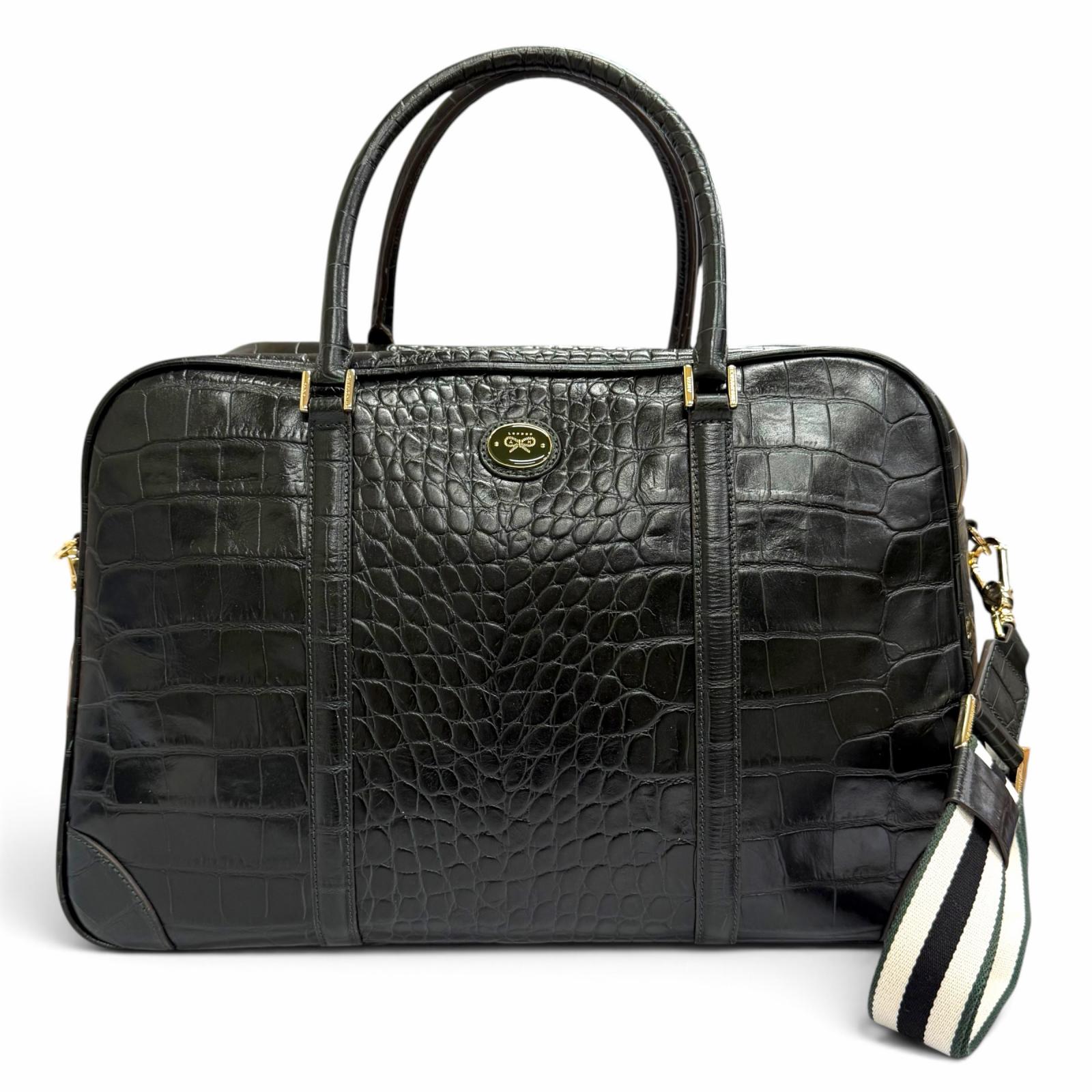 極美品△Anya Hindmarch アニヤ ハインドマーチ 2111045 クロコエンボス 2WAY レザー ボストンバッグ ショルダーバッグ ダークグリーン レディース 【中古】