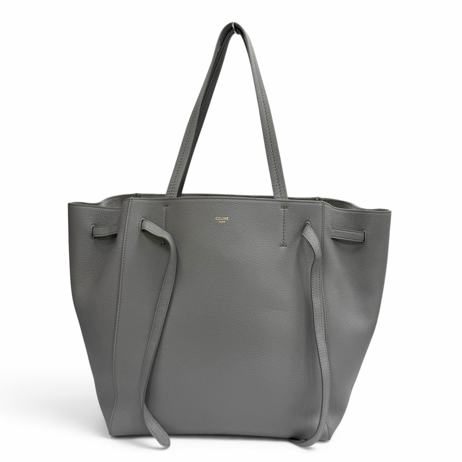 極美品★CELINE セリーヌ 18902 カバファントム スモール ロゴ入り ソフトグレインカーフ トートバッグ グレー イタリア製 レディース 保存袋付き【中古】