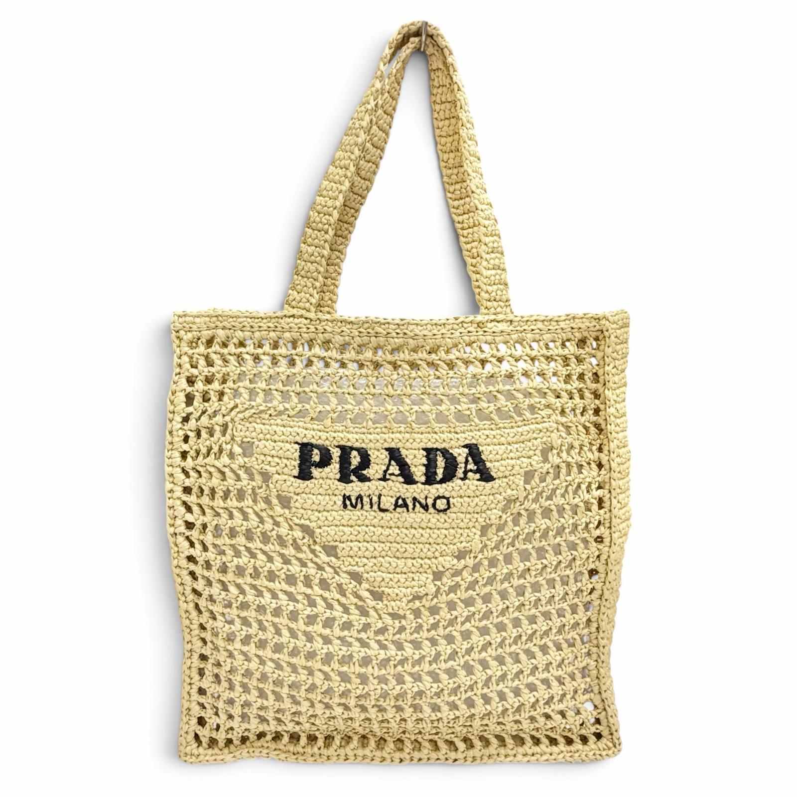 極美品△PRADA プラダ 1BG393 トライアングルロゴ ラフィア クロシェ トートバッグ 肩掛け可 ナチュラル イタリア製 レディース オススメ◎ 【中古】