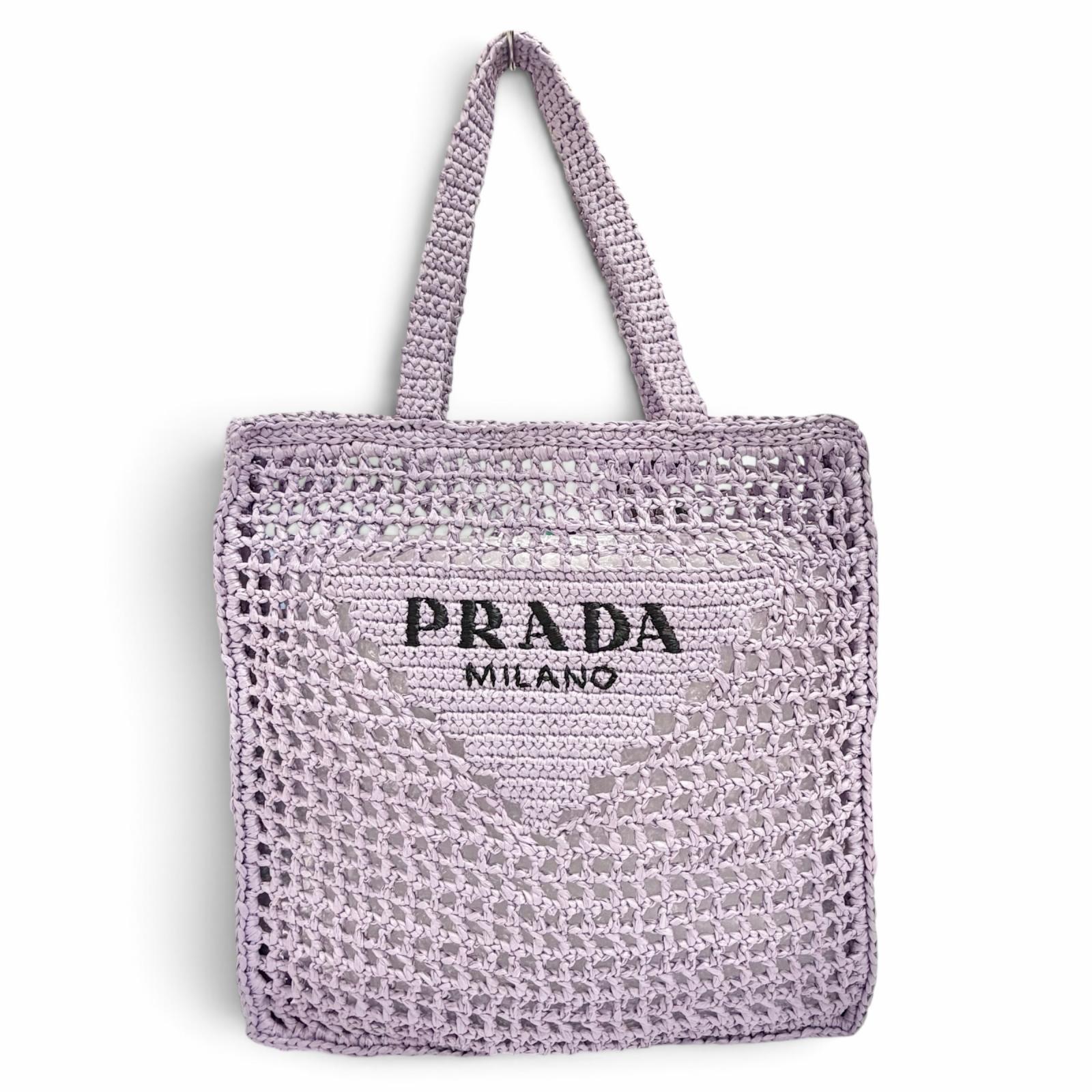 極美品△PRADA プラダ 1BG393 トライアングルロゴ ラフィア クロシェ トートバッグ 肩掛け可 パープル イタリア製 レディース 保存袋付き【中古】