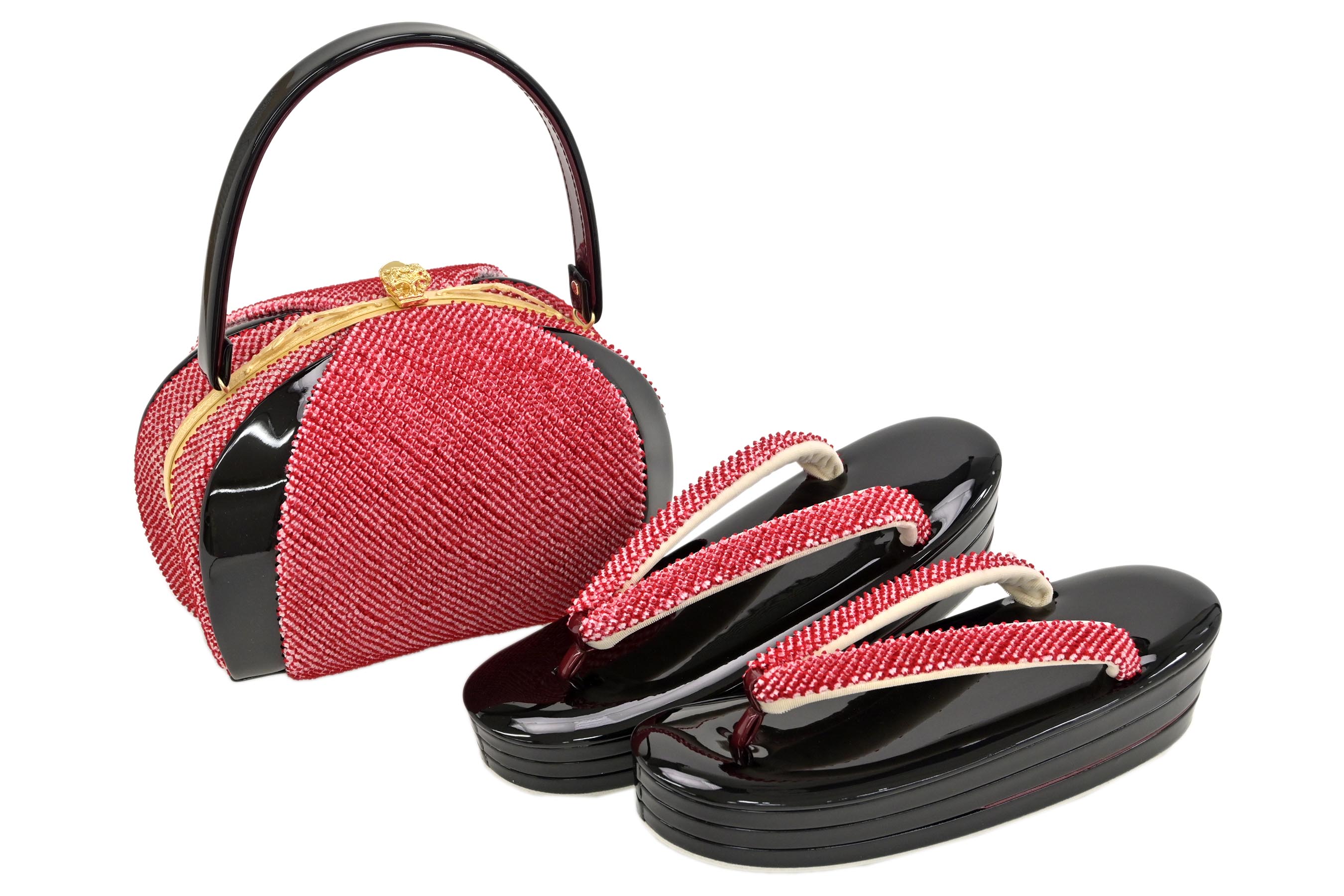 【エントリーでP10倍】●【大蔵ざらえ】 【お振袖用】草履バッグセット 絞り鼻緒＆バッグ レッド（草履：黒台） 高級、上等なお振袖に。 ※お値段はお問い合わせ下さい