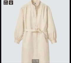 新品 UNIQLO ギャザー シャツワンピース ベージュ 長袖 レディース 綿