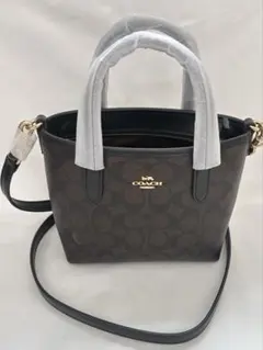 新品COACH ミニトートバッグ ブラウン/ブラックシグネチャー キャンバス