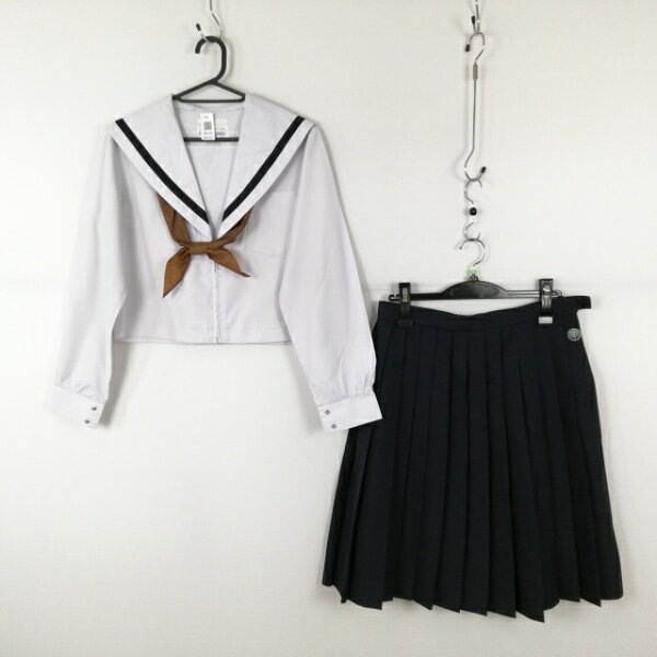 セーラー服 スカート スカーフ 上下3点セット 中間服 青1本線 女子 学生服 中学 高校 白 制服 中古 ランクC NA6182